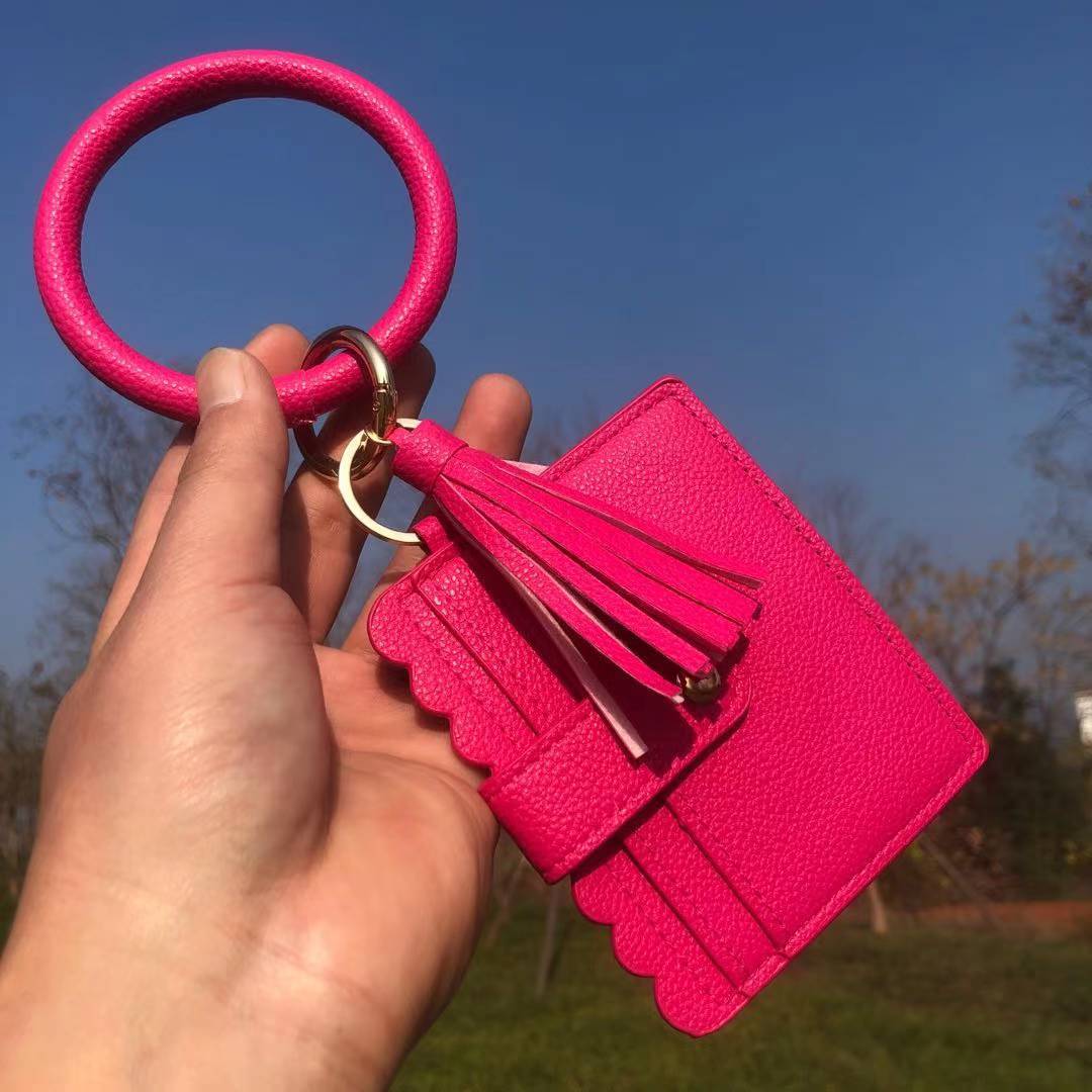Wholesale Leopard Print PU Leather Tassel Bracelet Coin Purse Keychain